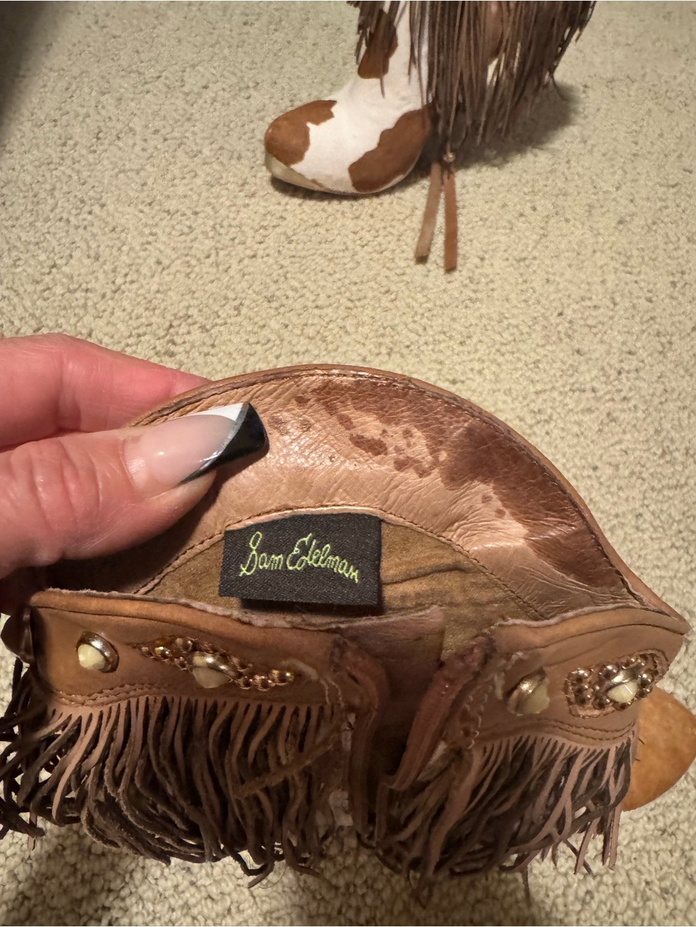 Sam Edelman Brown Fringe Cowhide Ankle Booties - Picture 3 of 7